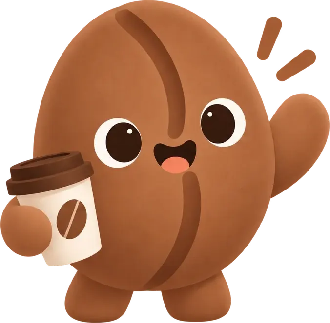 Bean, the Kaffe mascot, waving and holding a coffee cup