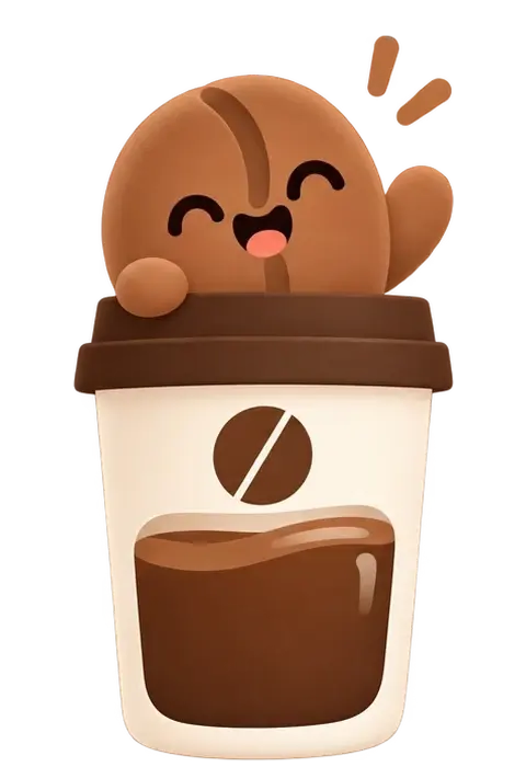 A full cup of coffee with Bean cheering over the rim